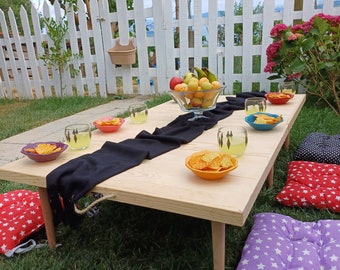 Boho tafel 28 * 60 inch H:13 inch houten tafel, picknicktafel, handgemaakte klaptafel, opvouwbare tafel, feesttafel