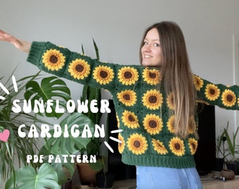 SUNFLOWER CROCHET CARDIGAN from granny squares  | pdf pattern for beginners + granny square pattern - English