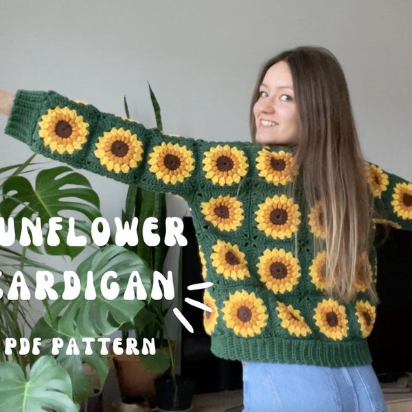 SUNFLOWER CROCHET CARDIGAN from granny squares  | pdf pattern for beginners + granny square pattern - English