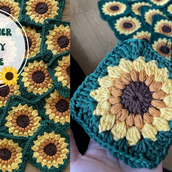 Sunflower granny square crochet pattern - step-by-step English pdf guide