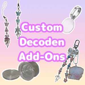 May include: Image features various custom Decoden add-ons. Includes beaded charms with butterfly and star accents, a silver-toned pendant, and clear plastic containers. Text overlay reads "Custom Decoden Add-Ons."