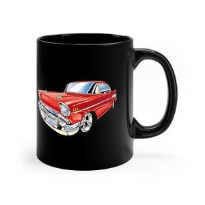 Red 1957 Chevrolet Bel Air, Antique Car Collector, Classic Car Coffee Mug, 11oz Black Mug, #02