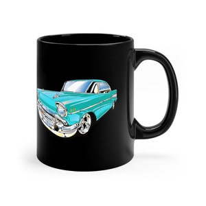 Turquoise 1957 Chevrolet Bel Air, Antique Car Collector, Classic Car Coffee Mug, 11oz Black Mug, #01