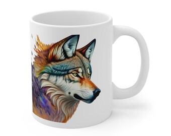 May include: White ceramic coffee mug with a colorful wolf illustration. The wolf's fur is a mix of orange, brown, blue, and purple. The wolf's eyes are yellow.