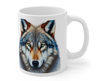 May include: White ceramic mug with a colorful wolf illustration. The wolf has blue, gray, and brown fur with yellow eyes. The wolf's face is close-up and fills the entire mug.