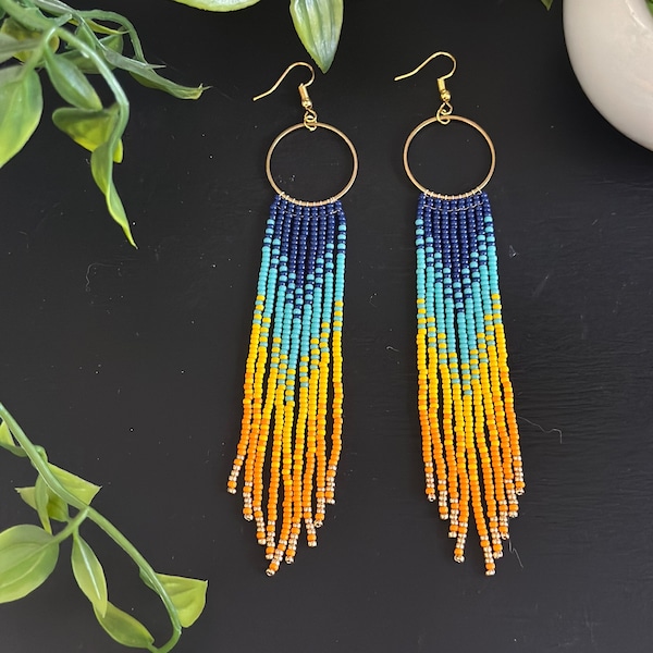 Sunset hoop beaded fringe earrings, boho beaded earring, blue, orange and yellow summery beaded earrings