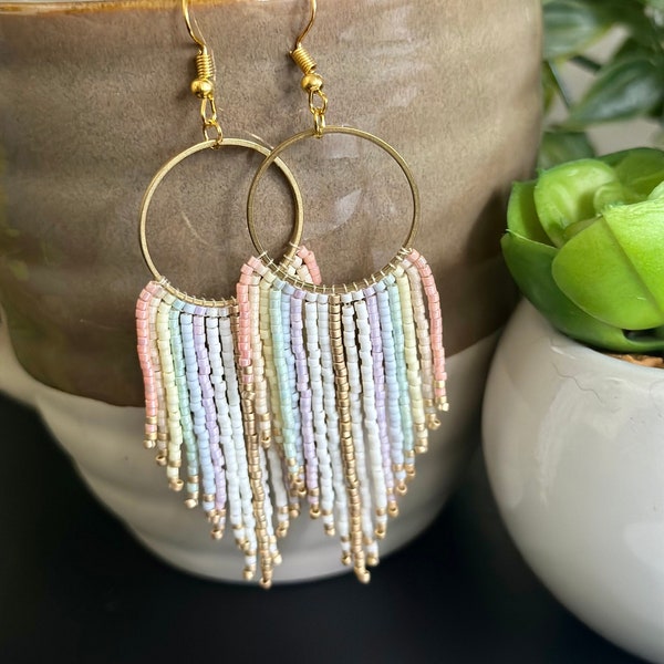 Pastel rainbow hoop fringe earrings, boho earrings, pastel rainbow and gold