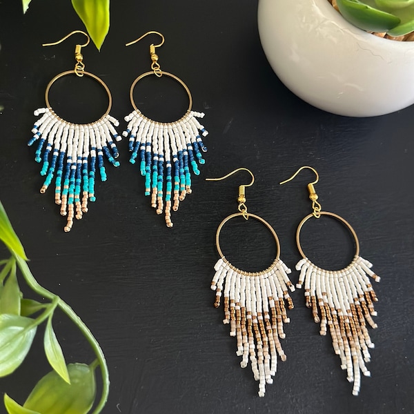 Hoop “Splash” beaded fringe earrings, boho beaded earring, multi colored beaded organic earrings