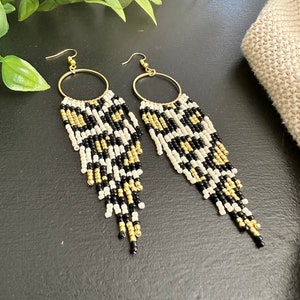 Ivory leopard hoop fringe earrings, boho earrings, animal print, cheetah beaded earrings