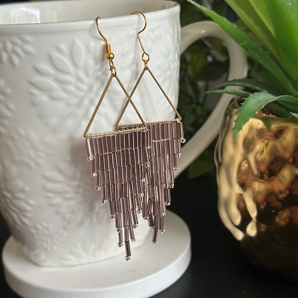 Amethyst purple beaded fringe earrings, boho beaded earring, silver lined beads, dazzle/sparkle in sunshine
