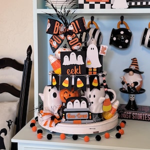 Halloween Tiered Tray Set: Ghost, Candy Corn, Farmhouse Decor H2