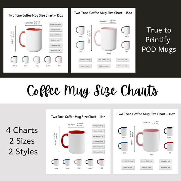 Size Chart Bundle for Two Tone Coffee Mugs 15oz 11oz Coffee Cups Size Chart 4 Charts 2 Styles chart Holiday Gift True to Printify POD Mugs