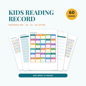 May include: A printable kids reading record with 60 pages in A4, A5, and US Letter sizes. The document features a reading challenge grid with colorful boxes, reading minute trackers, and book log sheets with columns for titles and dates read.
