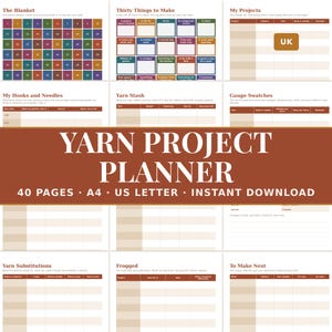 Può includere: Un pianificatore di progetti in filato con un banner marrone che riporta il testo YARN PROJECT PLANNER 40 PAGES A4 US LETTER INSTANT DOWNLOAD. Il pianificatore include sezioni per The Blanket, Thirty Things to Make, My Projects, My Hooks and Needles, Yarn Stash, Gauge Swatches, Yarn Substitutions, Frogged e To Make Next, tutte organizzate in tabelle con intestazioni marroni.