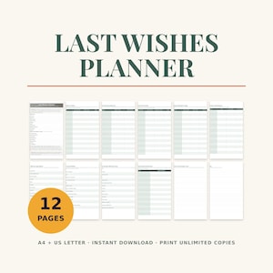 May include: A Last Wishes Planner document set featuring 12 pages of organized templates for end-of-life planning. The layout includes dark green text headers, structured tables, and lined sections for personal information, all presented on a light background.