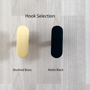 May include: Image of two modern hooks: one brushed brass and one matte black. The hooks are oval-shaped with a flat front and rounded top and bottom. The text "Hook Selection" is above the hooks.