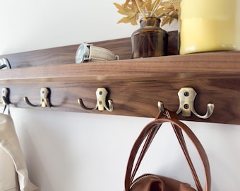 USA Handcrafted Wooden Shelf, Solid Walnut Key Organizer, Minimalist Hook Shelf, Walnut Coat Rack, Wall Mounted Coat Rack