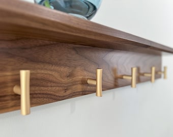 Wall Mount Coat Rack Solid Walnut Shelf Handmade Walnut Shelves Hanging Hat Rack Unique Handcrafted Solid Wood Coat Rack Wall Hook Shelf