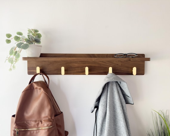 Walnut Entryway Shelf, Walnut Coat Rack, Entryway Hooks With Shelf, Organization Shelf With Hooks, Shelf With Ledge And Hooks