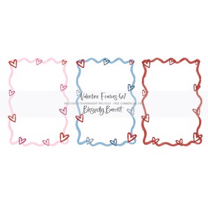 Op de afbeelding: Drie Valentijnsdag frames met een golvende rand en harten. De frames zijn roze, blauw en rood.