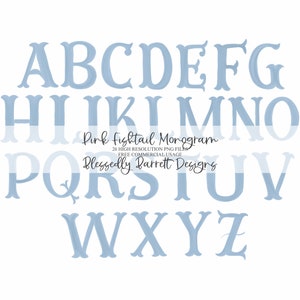 May include: A set of 26 uppercase letters in a light blue color with a watercolor effect. The letters are in a stylized font with a fishtail design. The text "Pink Fishtail Monogram" is at the top of the image, and the text "Blessedly Barrett Designs" is below the letters.