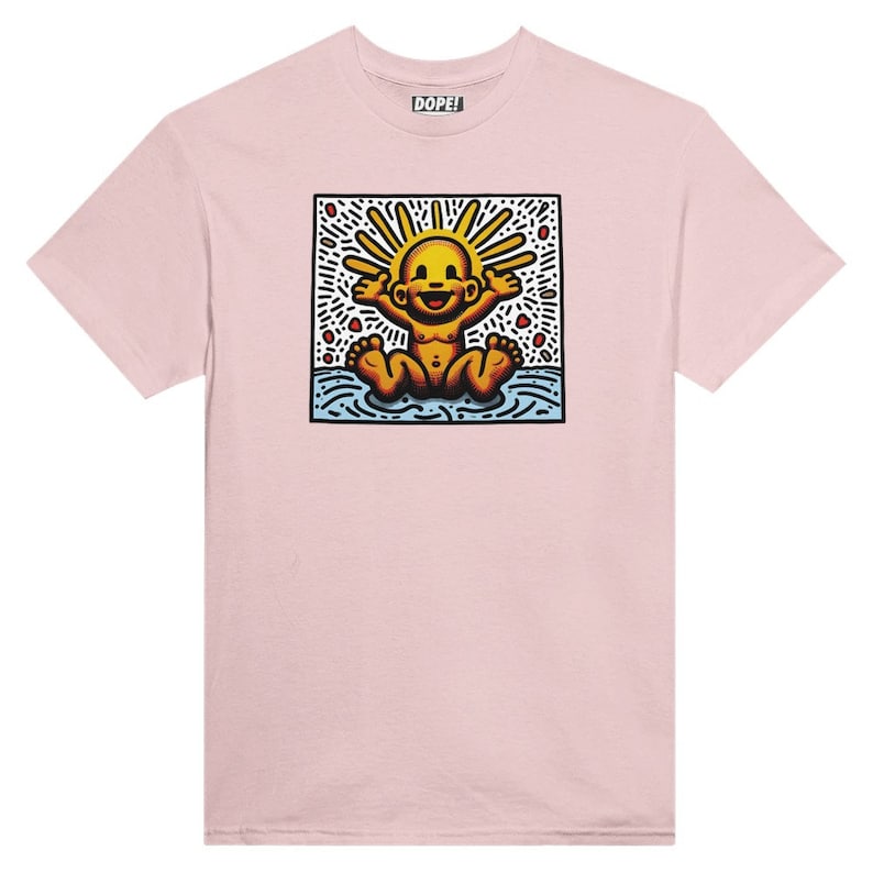Keith Haring inspired "The Golden Child" Unisex Crewneck T-shirt Light Pink