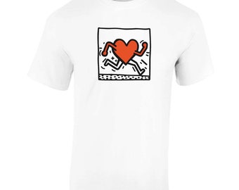 Camiseta unisex de cuello redondo "Running Heart" inspirada en Keith Haring
