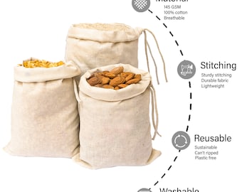 100% Cotton Reusable Produce Muslin Bags – Multipurpose Single Drawstring Storage Pouch for Everyday Use