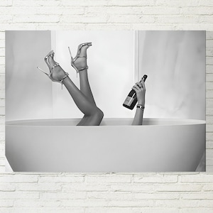 High Heels Woman Drinking Wine In Bathtub Print, Feminist Poster, Bathroom Wall Art, Black and White, Teen Girls Bathroom Decor, Bathtub Art