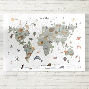 Bambini Mappa a tema animale Tela appesa Mappa della stanza dei bambini Mappa del mondo Arazzo Mappa del mondo con animali Casa Scuola Arte murale