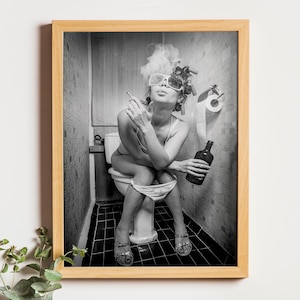 Bathroom Drink Poster, Black and White Bathroom Wall Art Funny Woman Drinking on the Toilet Humor Restroom Photo Print unique vintage modern