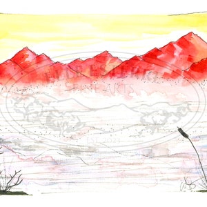 Printable Watercolor Painting - Red Mountains by Elle Estérre Fine Arts, printable misty sunset sunrise cloudy mountain nature landscape