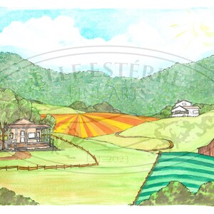 Virginian Countryside by Elle Estérre Fine Arts - Sunny Bright Farmland Country House Scenic Original Hand-Painted 9x12 Watercolor Painting