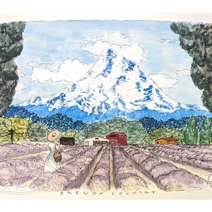 Oregon Country by Elle Estérre Fine Arts - Sunny Snow-Capped Mt Hood Lavender Farm Fields Original Hand-Painted Watercolor 9x12 Painting