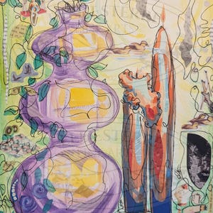 May include: An abstract watercolor painting featuring a large purple vase with yellow interior, a tall candle with orange and blue hues, and various objects. The artwork has a whimsical style with black outline details and a light green and yellow background.