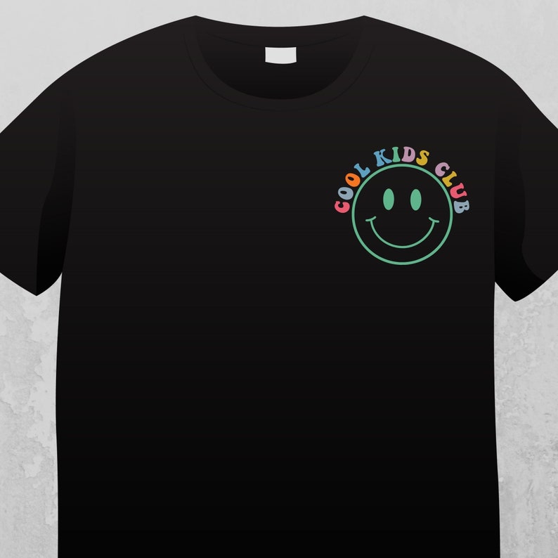 May include: Black t-shirt with a colorful "Cool Kids Club" graphic featuring a green smiley face.