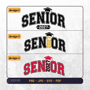 Puede incluir: Tres dise&ntilde;os gr&aacute;ficos digitales con la palabra SENIOR en letras estilo universitario. El dise&ntilde;o 1 es negro con birrete y 2027. El dise&ntilde;o 3 es negro con 2027 dorado. El dise&ntilde;o 4 es rojo con birrete rojo y el texto 2027 en el centro del dise&ntilde;o.