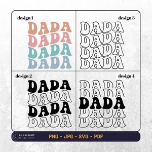 Op de afbeelding: Vier verschillende ontwerpen van het woord "DADA" in een retro stijl. De ontwerpen zijn in zwart, wit, perzik, roze, blauw en lichtblauw.