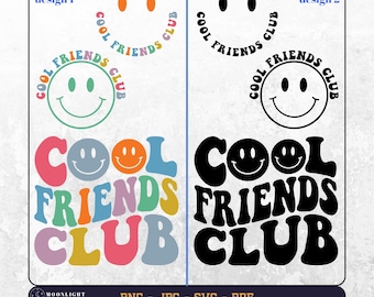 May include: Two designs for a "Cool Friends Club" logo. The first design features a colorful, retro-style font with a smiley face in each letter. The second design is a black and white version of the same logo.