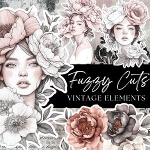 May include: A collection of vintage-style stickers featuring illustrations of women with floral headpieces and large peony flowers in shades of pink, gray, and white. The text "Fuzzy Cuts Vintage Elements" is displayed.