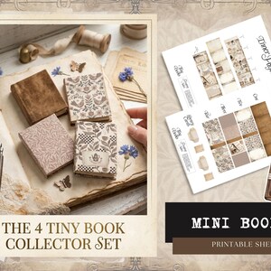 May include: A set of four miniature books featuring various patterned covers, including a solid brown texture and floral designs. The set includes printable sheets with text such as "Inner Pages," "Library Cards," and "Notes & Recipes" for assembly.