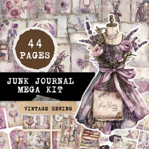 印刷可能なジャーナルキット デジタルダウンロード ヴィンテージ裁縫ペーパークラフト用品 エフェメラ ジャンクジャーナル タグ カード 封筒 ファジーカット パープルテーマ