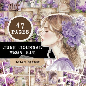 Kit de diario imprimible, descarga digital, temática floral de jardín lila, etiquetas, tarjetas, sobres, kit de diario vintage, bolsillos tipo folio.