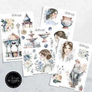 May include: Four sheets of planner stickers featuring watercolor illustrations. The stickers depict architectural elements like gazebos and fountains, along with portraits of women and floral arrangements in shades of blue, cream, and peach. The text "Crazy Planner Lady" is visible.