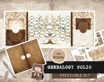 May include: A genealogy folio printable kit featuring 60 pieces, including a family tree chart with ornate frames, vintage-style paper sheets with brown aged textures, and a small book graphic with the text Notes & Recipes on the cover.