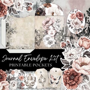 May include: A journal envelope kit with printable pockets. The design features a woman with floral accents, along with various floral elements in shades of pink, white, and brown. The text "Journal Envelope Kit" and "Printable Pockets" are displayed.