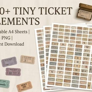 May include: A collection of over 100 tiny ticket elements presented on printable A4 sheets in JPG and PNG formats. The image displays multiple rectangular tickets in muted shades of brown, blue, and purple, featuring various text and graphics.