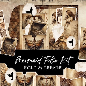 Può includere: Una collezione di elementi effimeri a tema sirena in stile vintage. Il design presenta illustrazioni di sirene, forzieri e elementi nautici. Il testo "Mermaid Folio Kit" e "Fold & Create" è visualizzato su uno striscione nero.