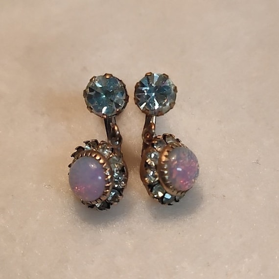 Vintage Faux Opal and Rhinestone Screw Back Earri… - image 1