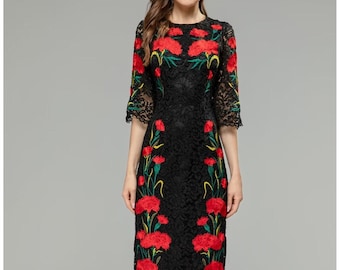 Heavy flower Embroidery Round Neck Five-quarter Sleeve elegant weding guest dinner date  little black lace dress